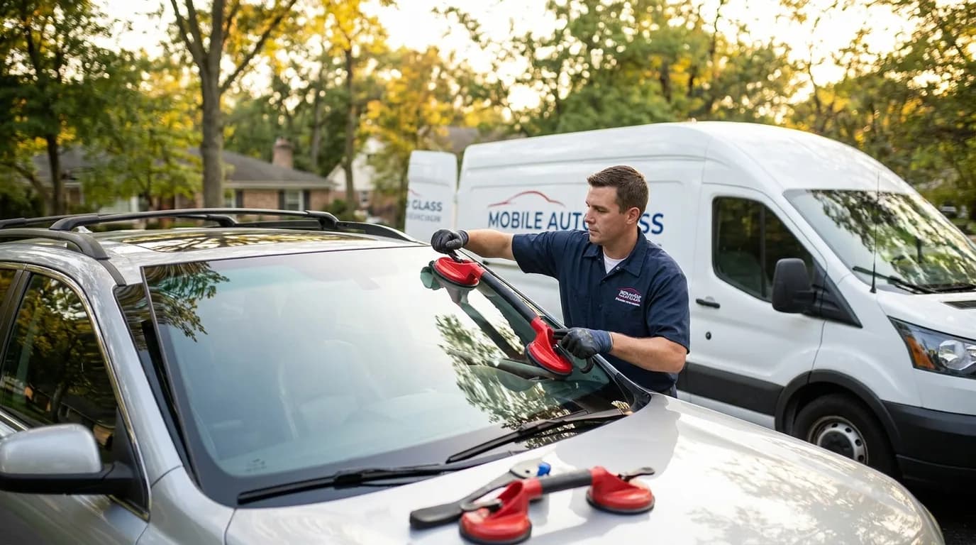 Mobile auto glass technician replacing an SUV windshield in a driveway with the service van behind him